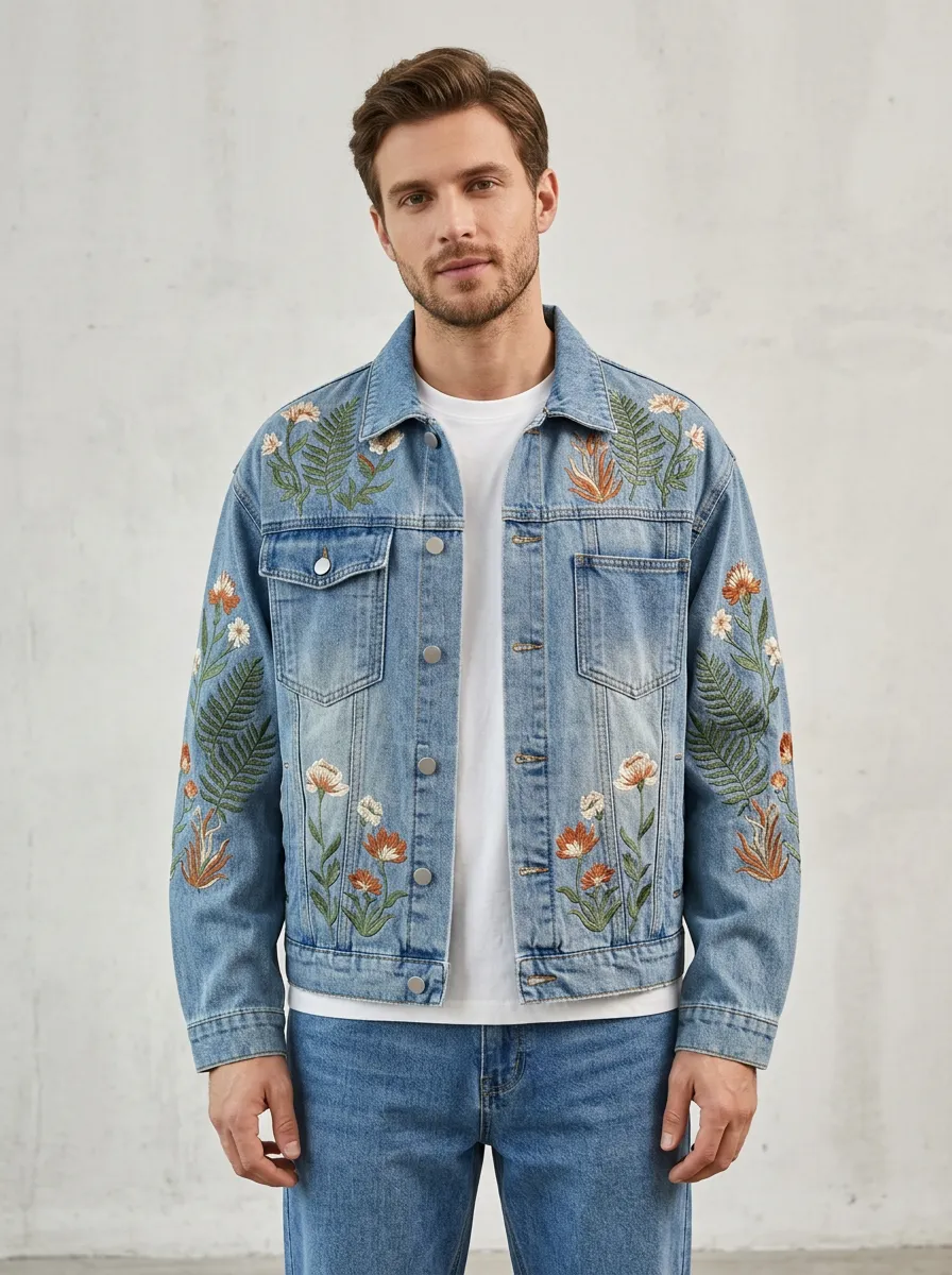 Men's Embroidered Floral Printed Denim Jacket