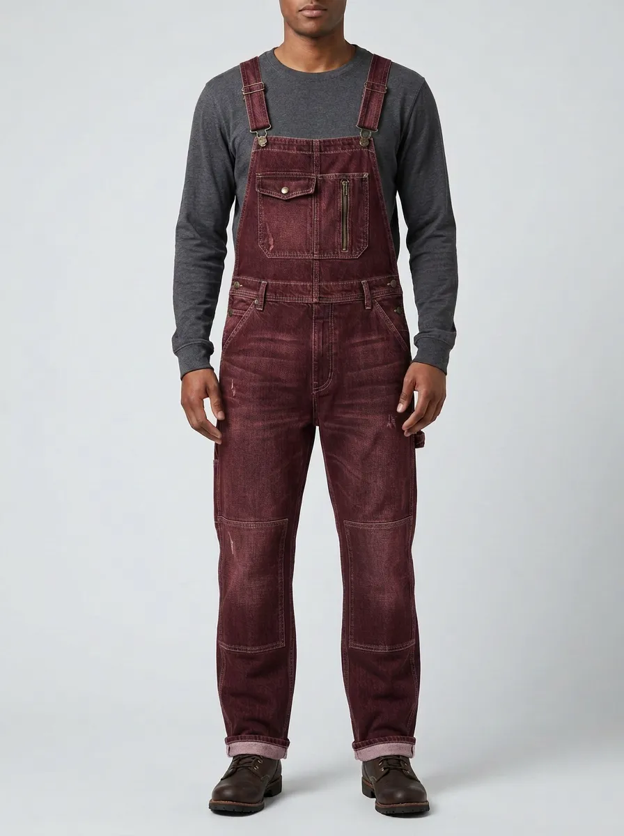 Men's Vintage Distressed Denim Multi-Pocket Bib Overalls