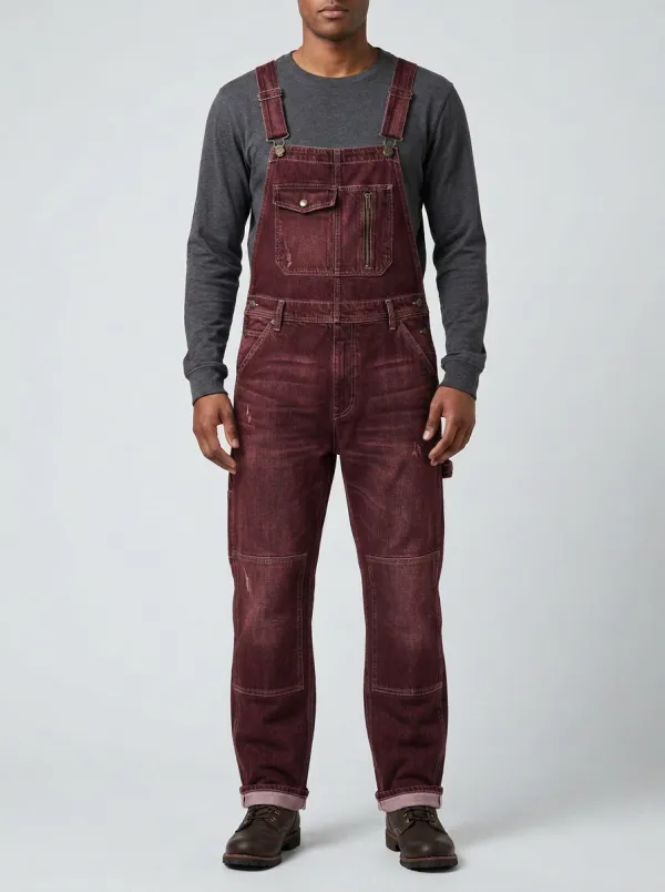 Men's Vintage Distressed Denim Multi-Pocket Bib Overalls