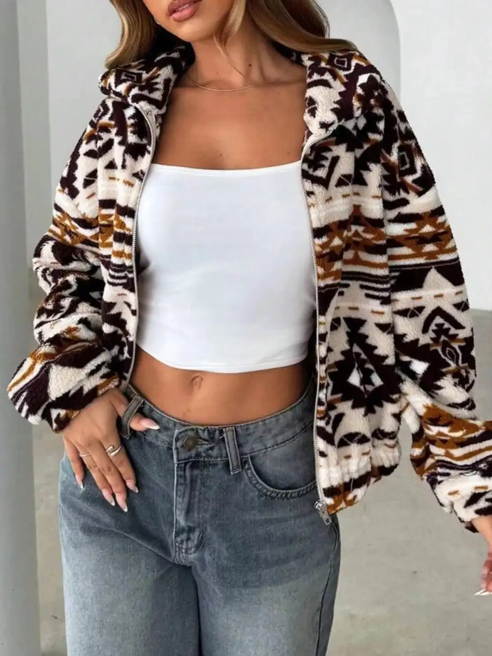 Geometric Fleece Zip-up Jacket