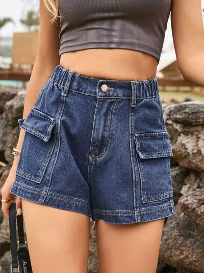 Classic High Waist Denim Shorts with Pockets