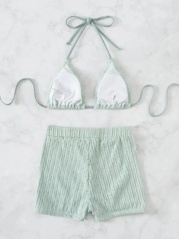 Lace Up Textured Coordinated Bikini Swim Set