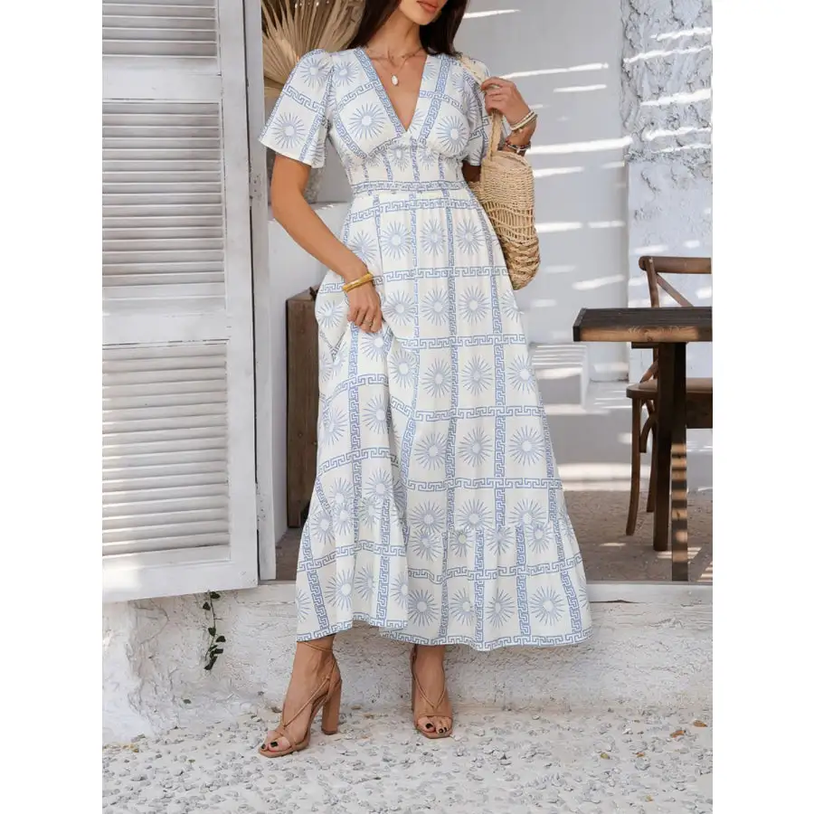 Smocked Printed V Neck Short Sleeve Maxi Dress