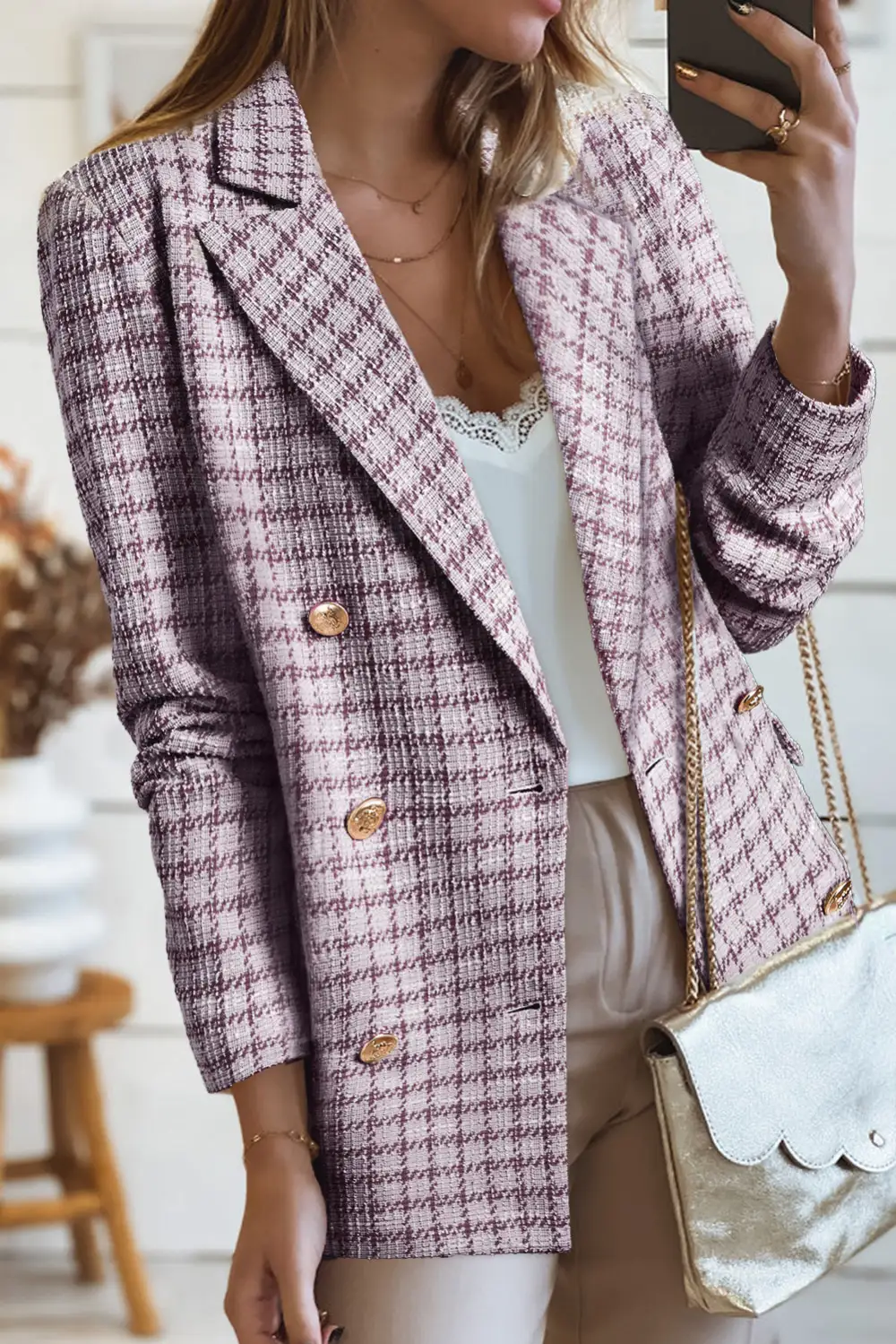 Button-Up Lapel-Collar Plaid Tweed Blazer