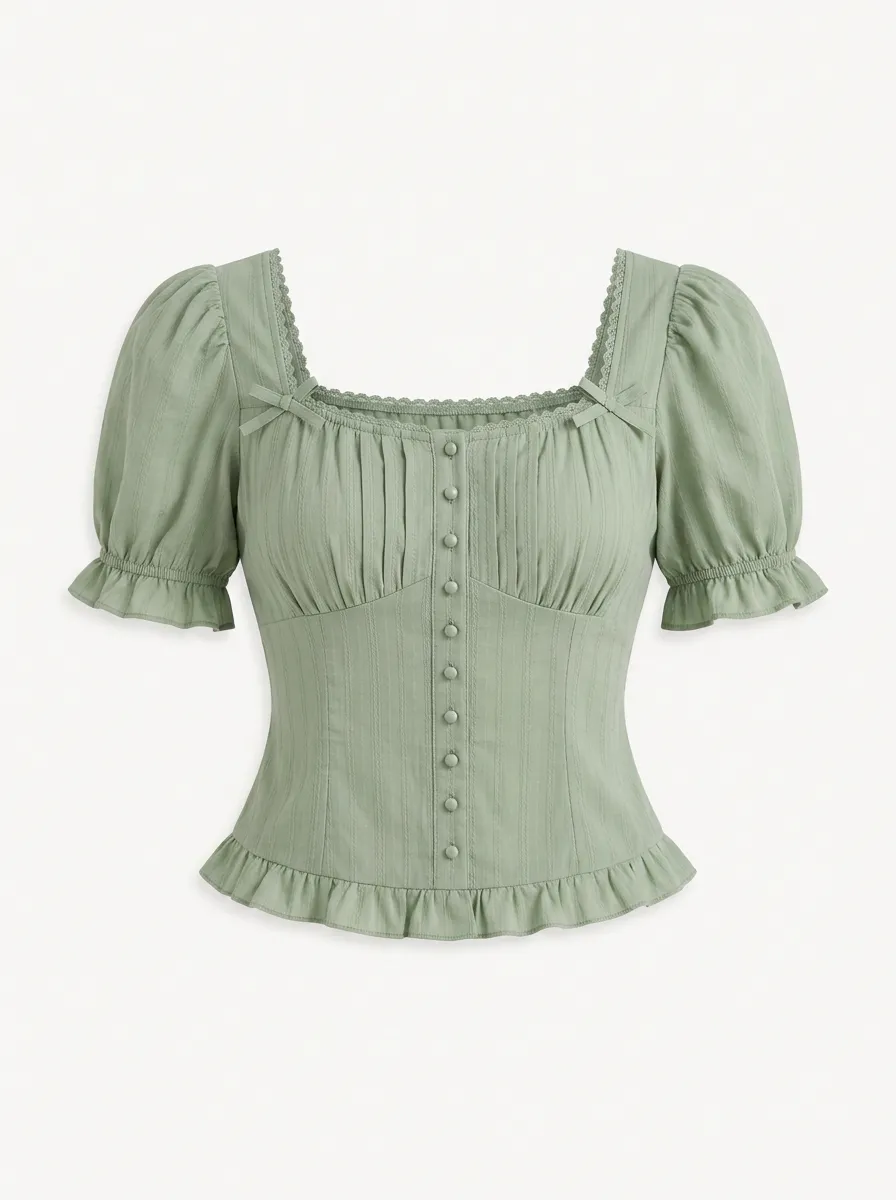 Women's Sage Green Square Neck Puff Sleeve Button Down Ruffle Top
