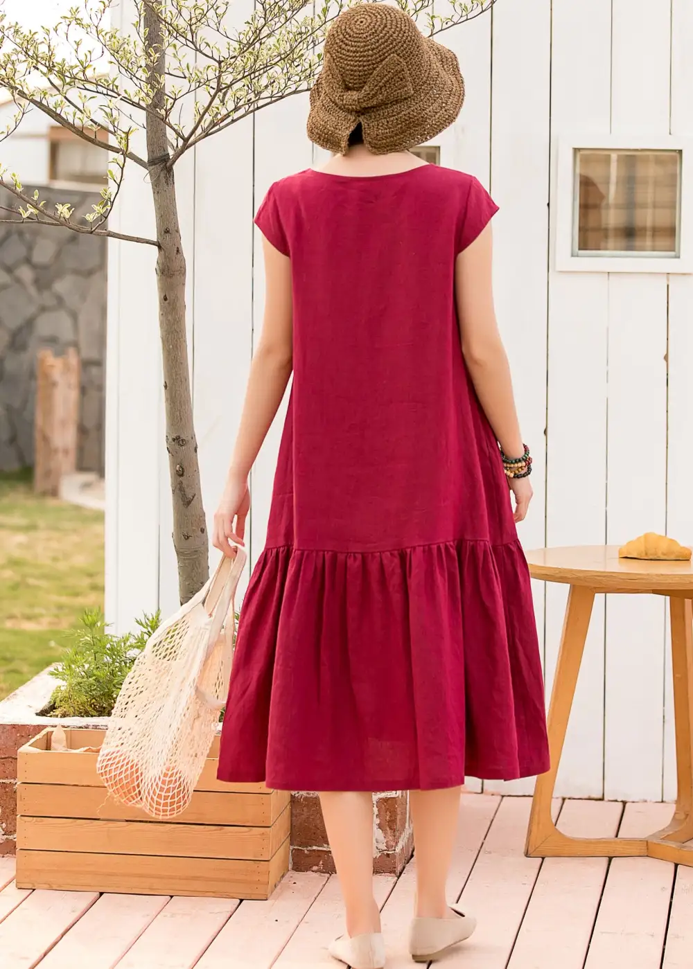 Linen Cotton Pleated Ruffle Short Sleeve Midi Dress