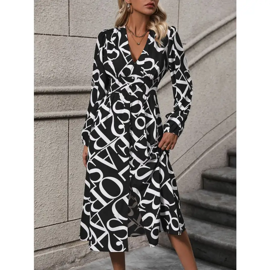 Neck V-Neck Long Sleeve Midi Dress