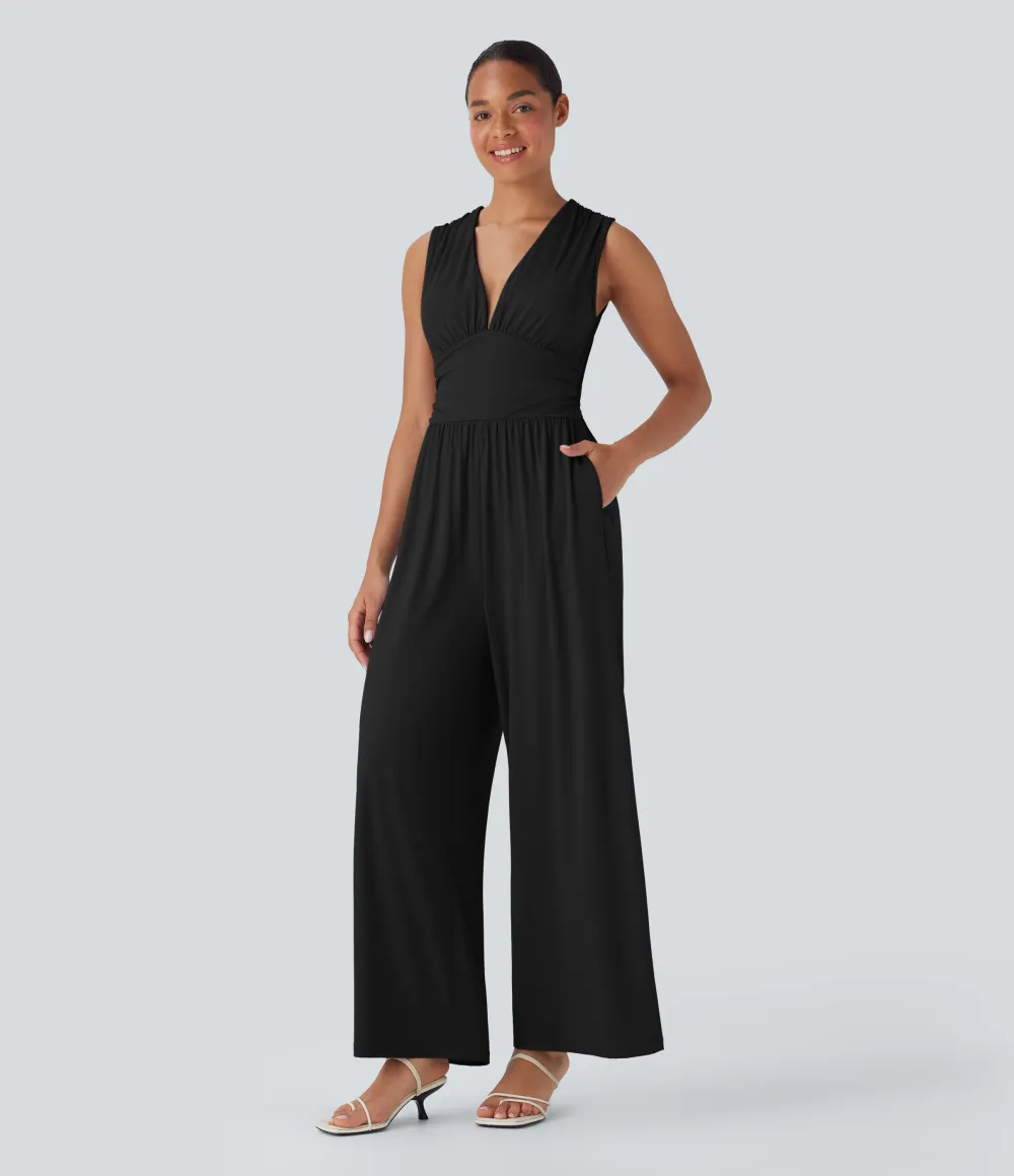 SoftlyZero Airy V Neck Sleeveless Ruched Pocket Cool Touch Casual Jumpsuit-Easy Peezy