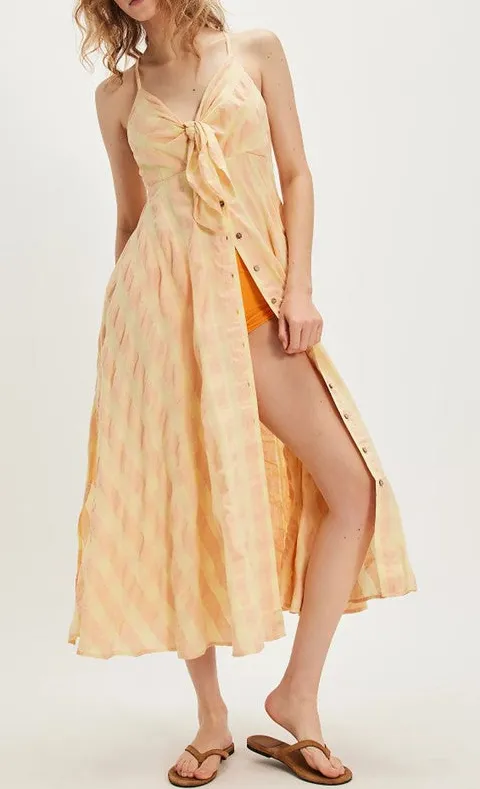 Yellow Button Front Tiered Midi Dress