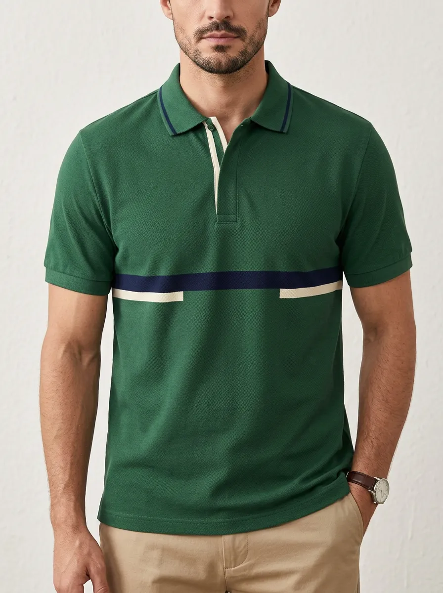 Men's Classic Everyday Colorblock Stripe Printed Polo Shirt