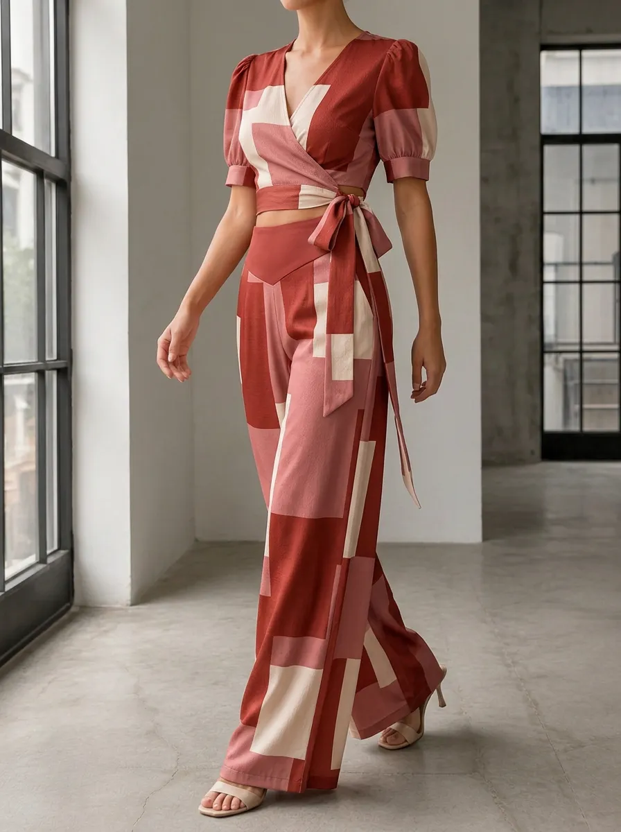 Women's Geometric Colorblock Wrap Patterned Wide Leg Pants Set