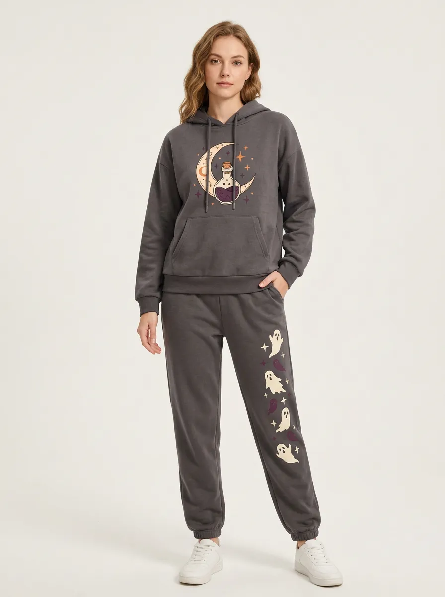 Women's Halloween Moon Potion Ghost Printed Tracksuit