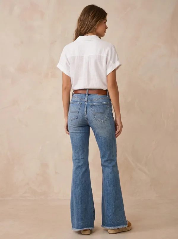 Women's Vintage High-Rise Button-Fly Distressed Flare Jeans