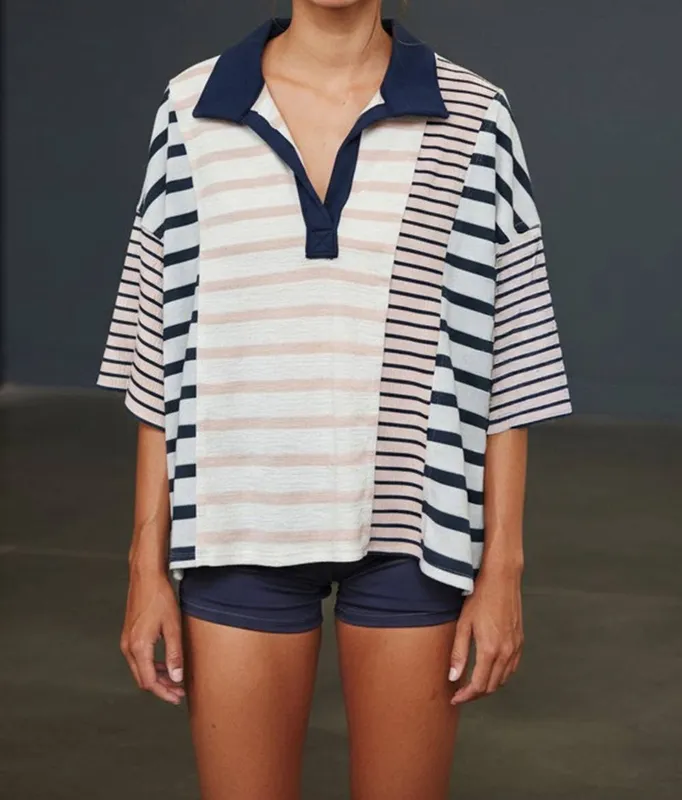 Stripe-Block Collar Short Sleeve Top