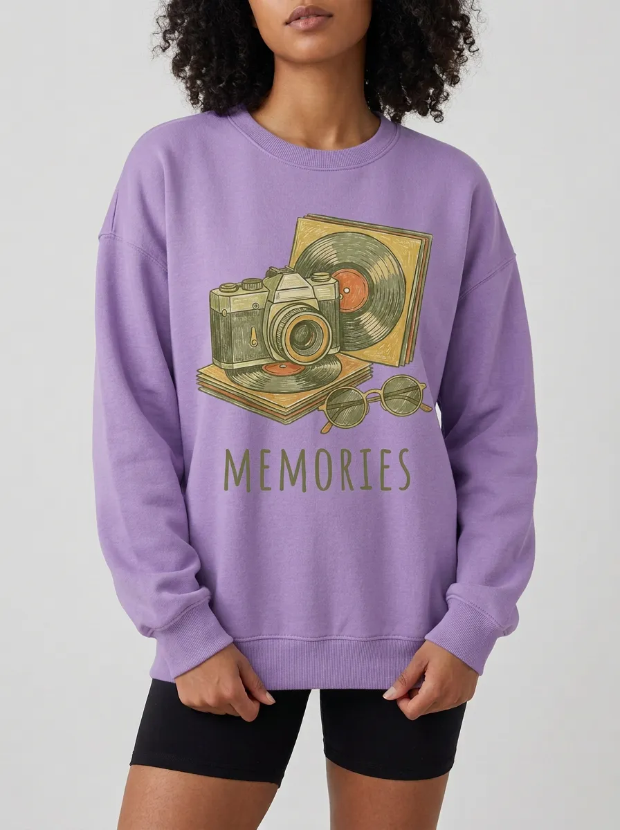 Women's Retro Memories Camera Vinyl Record Printed Sweatshirt