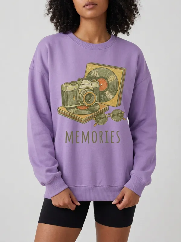 Women's Retro Memories Camera Vinyl Record Printed Sweatshirt