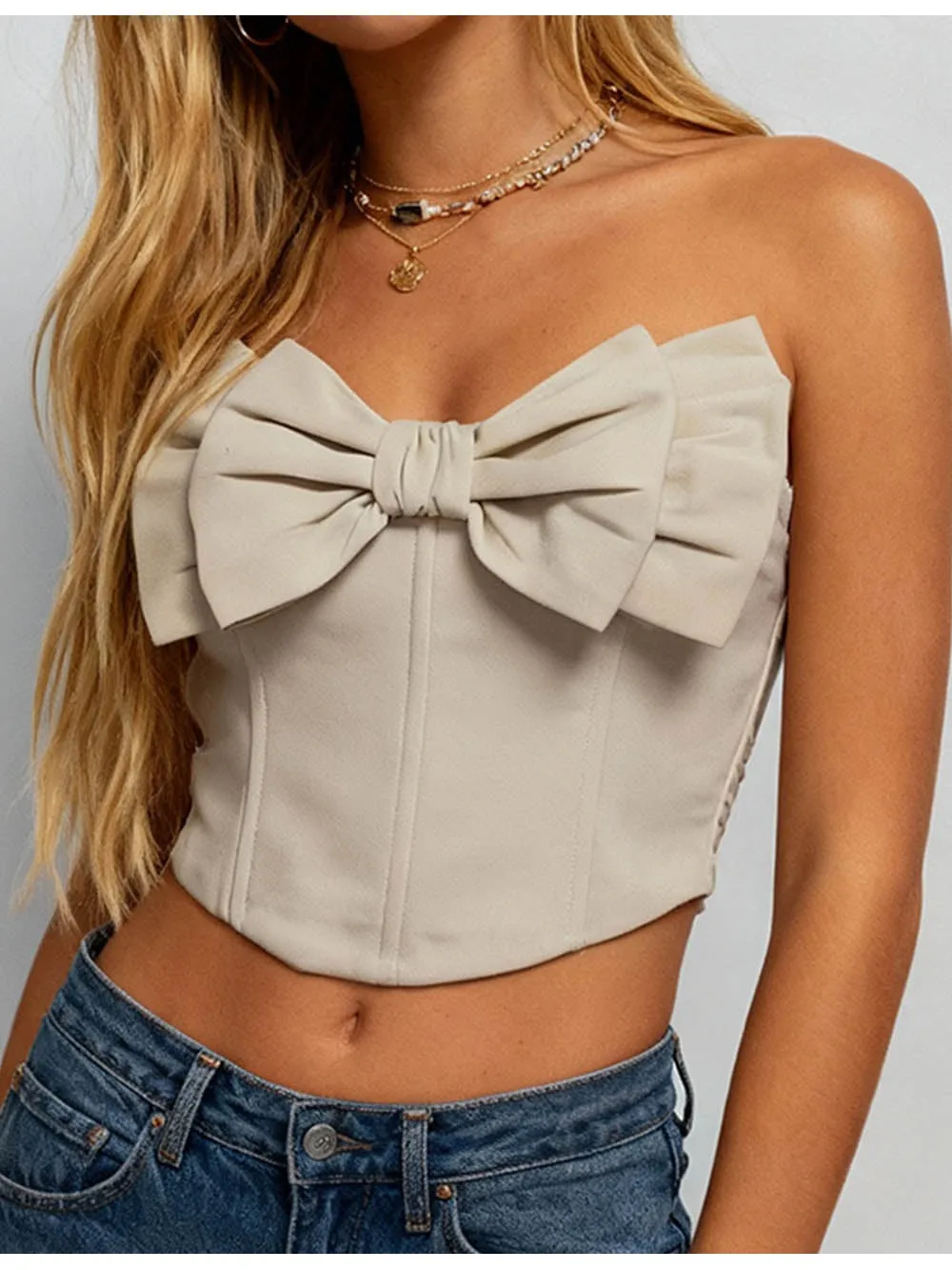 Bow Neck Corset Solid Color Crop Tube Top
