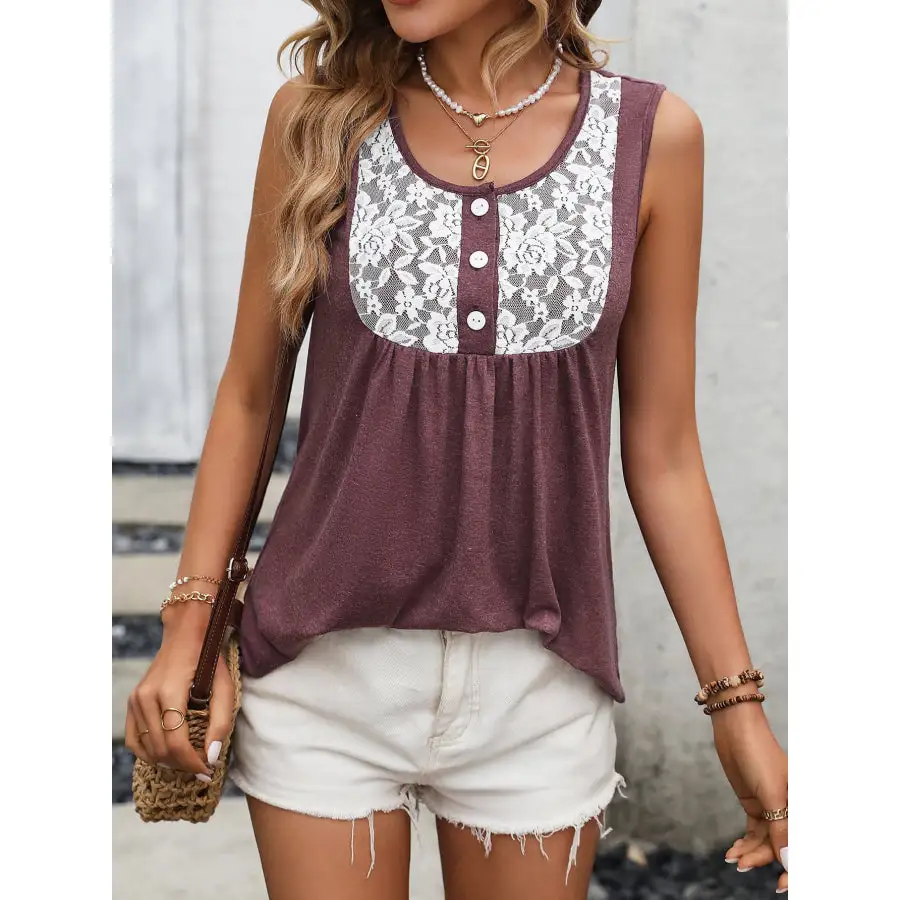Lace Contrast Scoop Neck Tank