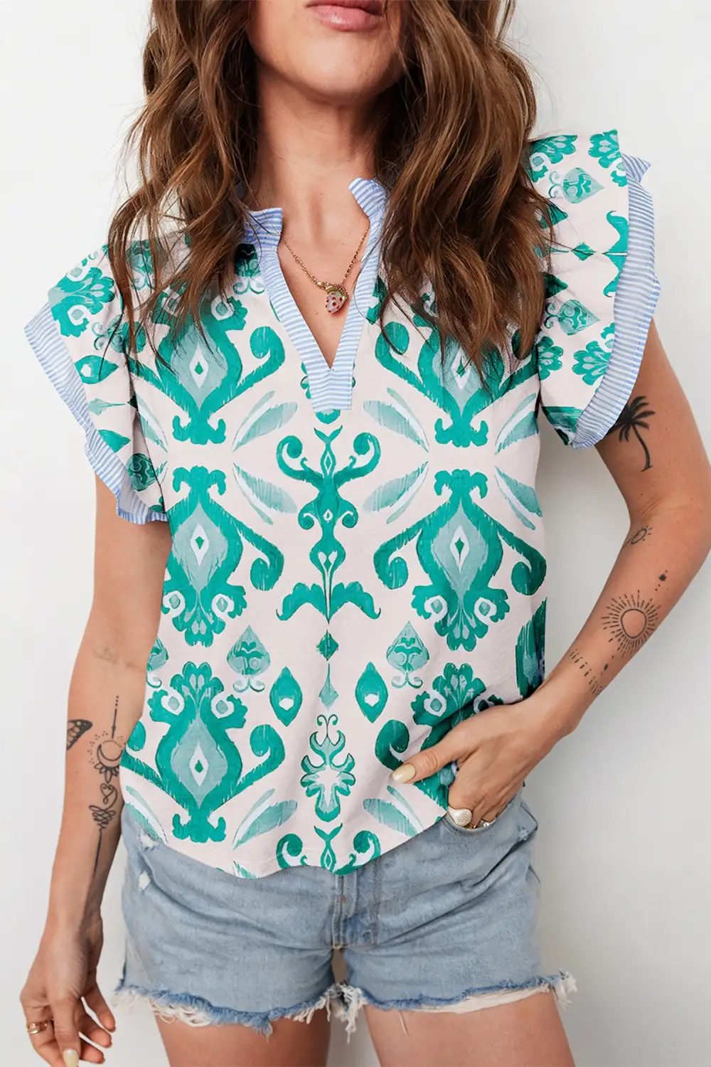 Women's Striped Flutter Sleeve Contrast Trim Top