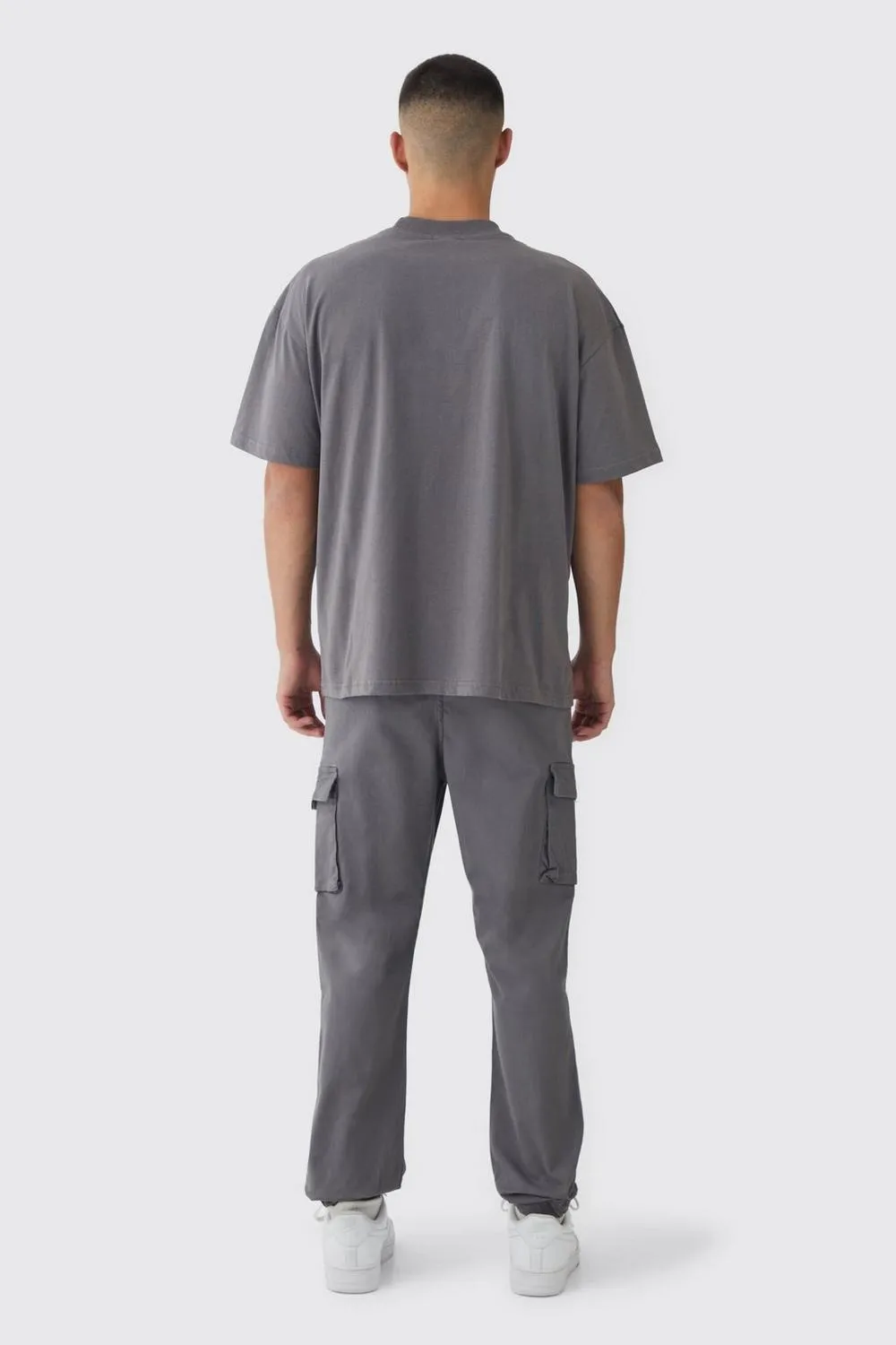 Plain Slim Fit Elasticated Waist Woven Tab Cuffed Cargo Charcoal Daily
