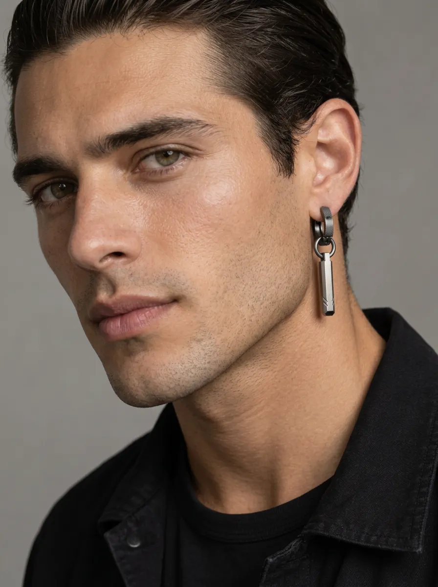 Men's Minimalist Geometric Bar Drop Hoop Earring