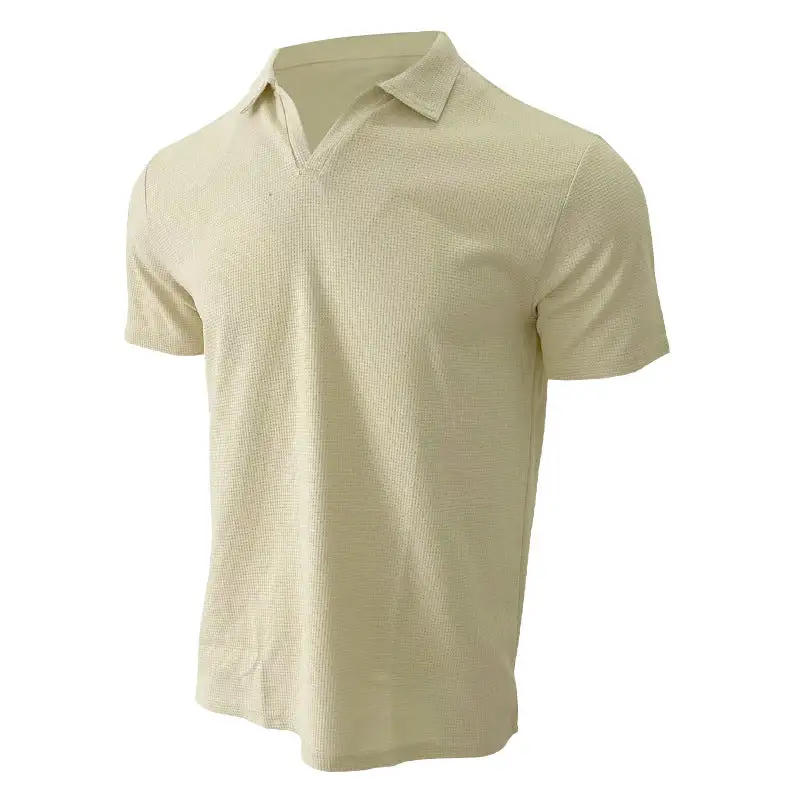 Waffle Texture Open V Neck Short Sleeve Jersey Polo Shirt