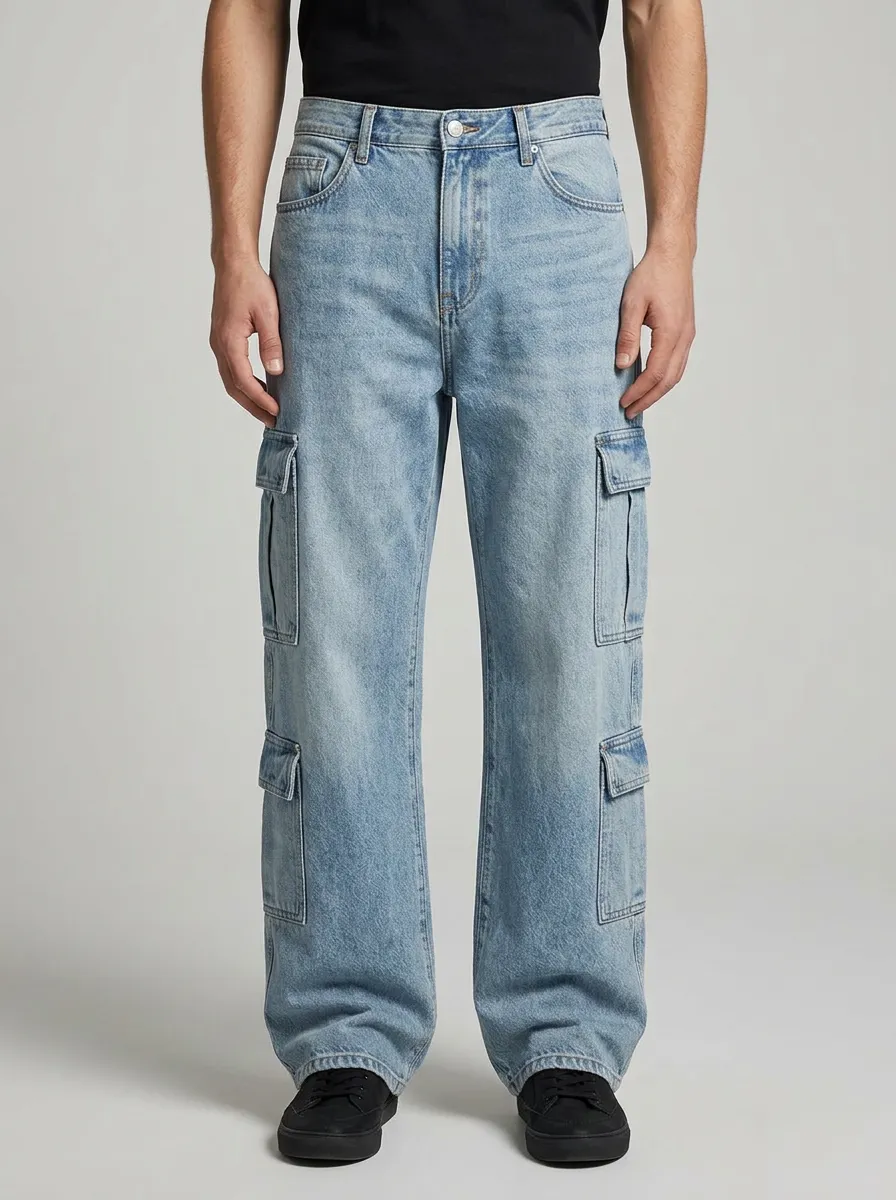 Men's Streetwear Light-Wash Denim Cargo Jeans