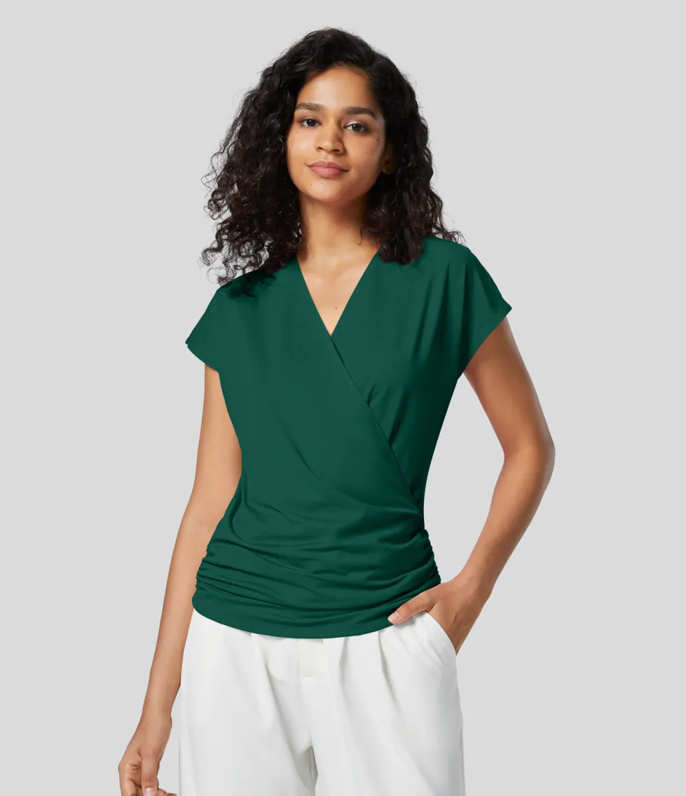 V Neck Cap Sleeve Crossover Ruched Solid Work Blouse