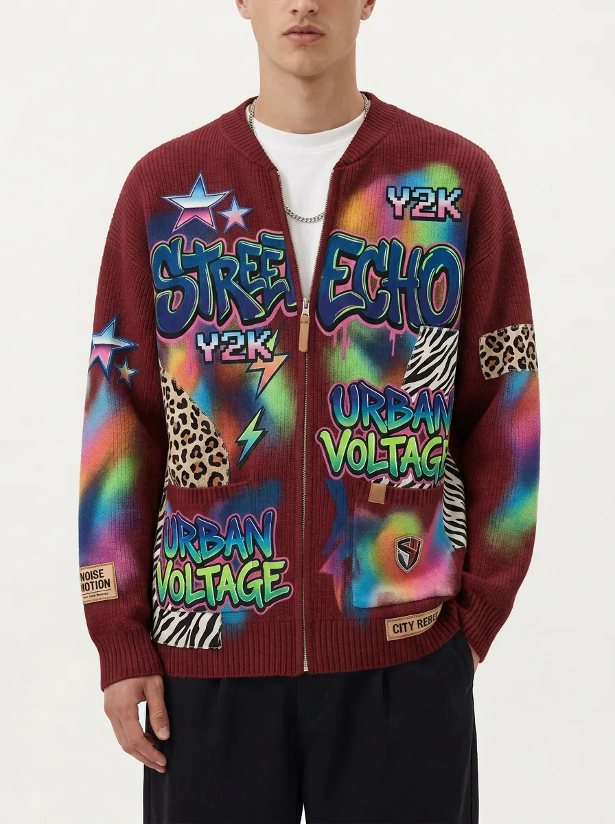 Men's Y2K Streetwear Graffiti Animal Print Knitted Zip-up Cardigan