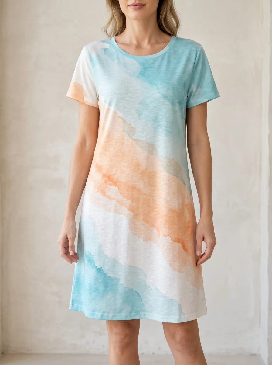 Women's Casual Summer Blue Orange Watercolor Printed Dress