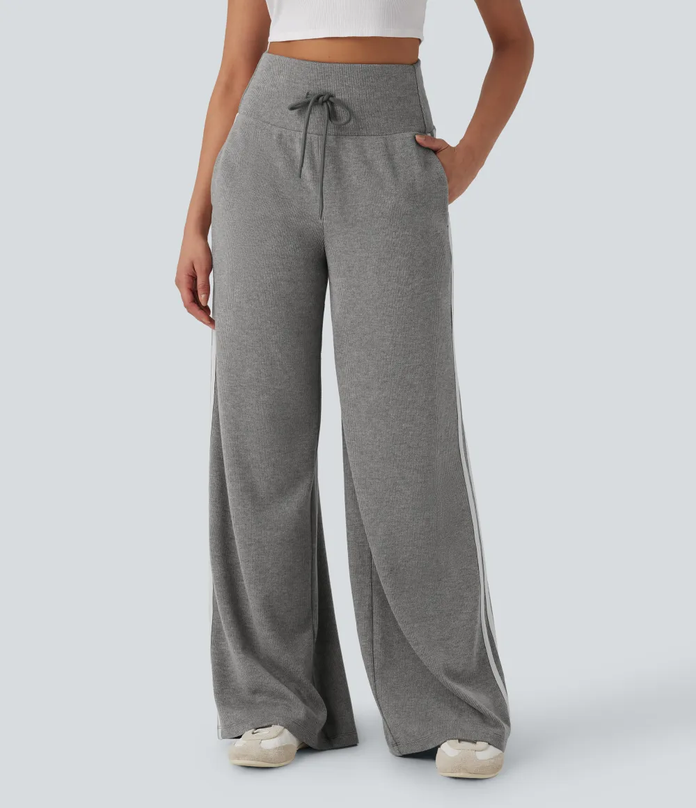 2026🔥  Ribbed SoCinched High Waisted Tummy Control Drawstring Wide Leg Color Block Casual Trousers with Pockets
