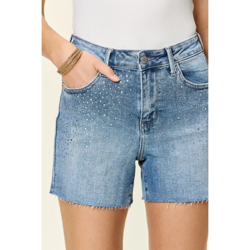 Plus Size High-Waist Rhinestone Decor Denim Shorts
