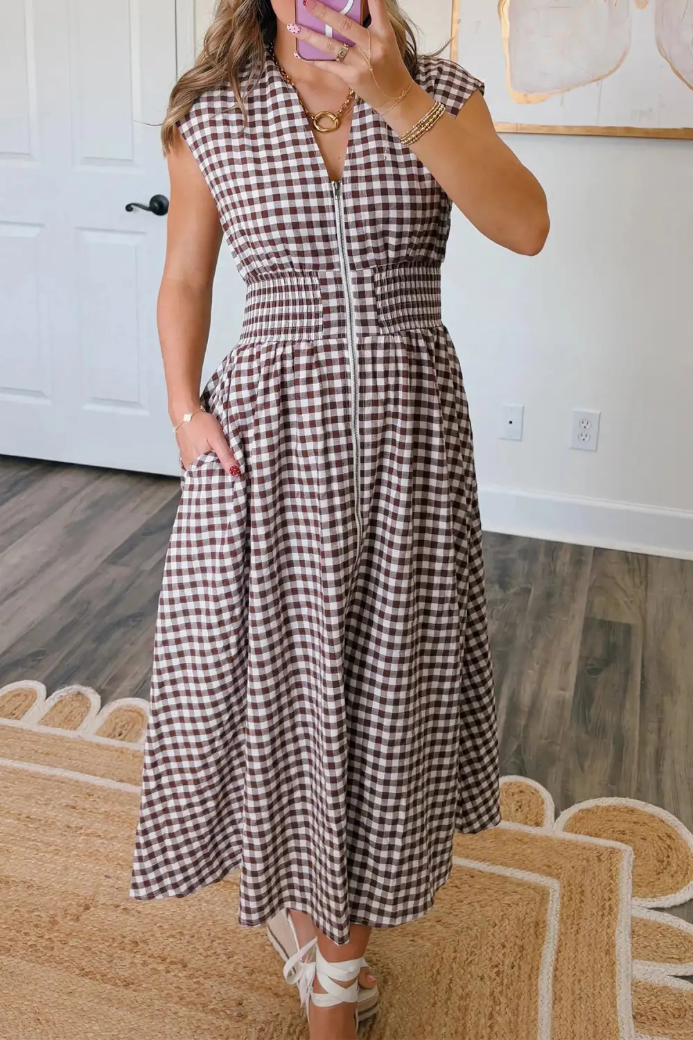 Plaid Print Full Zipper Cinched Waist Fit Flare Sleeveless Resort