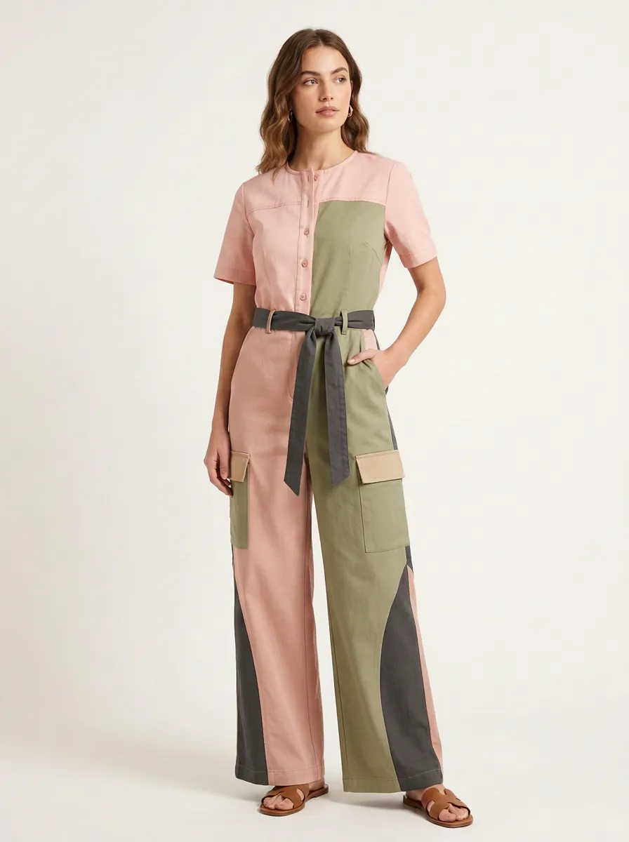 Women's Utility Colorblock Belted Cargo Jumpsuit