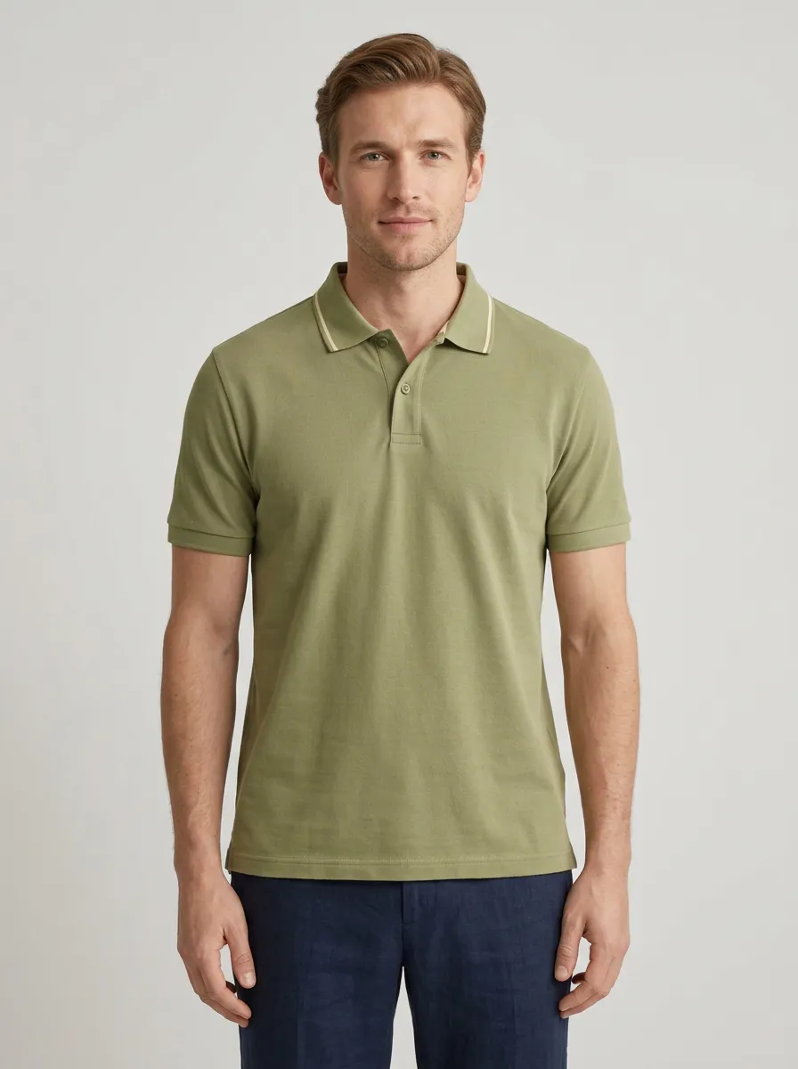 Men's Casual Olive Green Tipped Collar Polo Shirt
