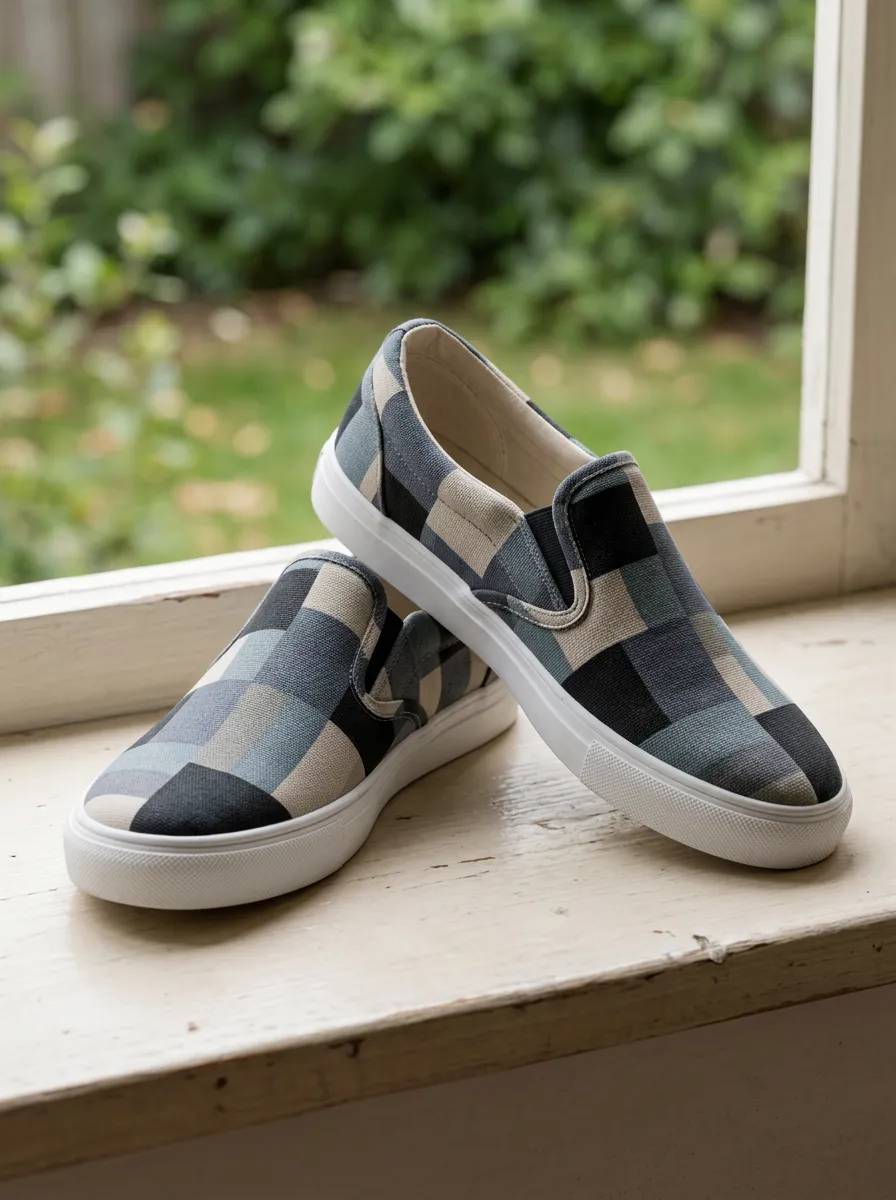 Men's Casual Style Blue Grey Checkered Printed Canvas Shoes