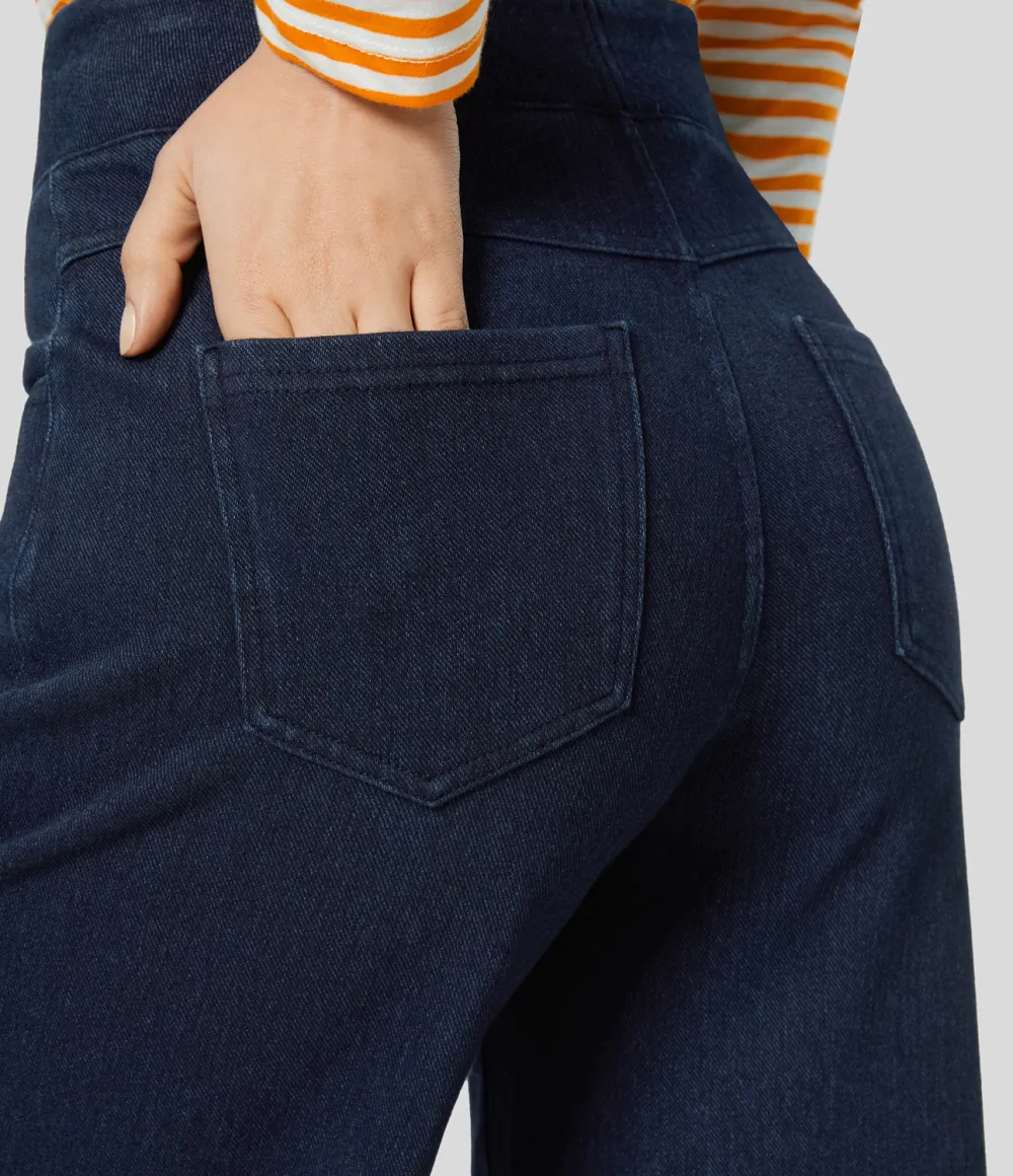 Magic High Waisted Multiple Pockets Wide Leg Stretchy Knit Casual Thermal Jeans