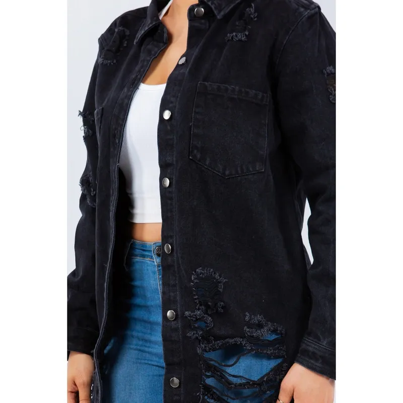 Distressed Button-Up Long-Sleeve Denim Jacket