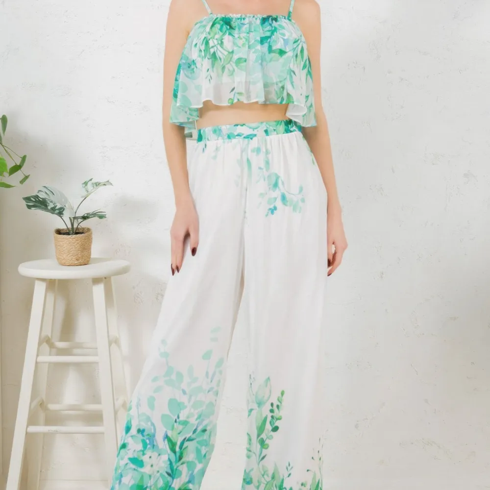 Printed Crop Top & Wide Leg Long Pants Set