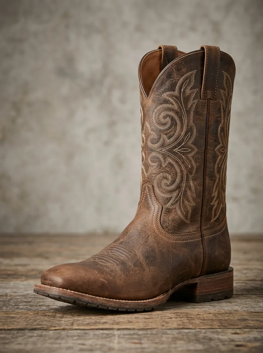 Unisex Western Tonal-Embroidery Square-Toe Mid-Calf Pull-Tab Distressed Cowboy Boots