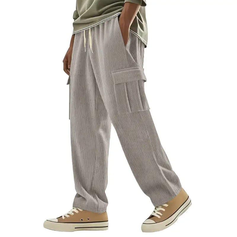Men's Loose Corduroy Pants with Cargo Pockets and Drawstring Waistband Cargo Pants