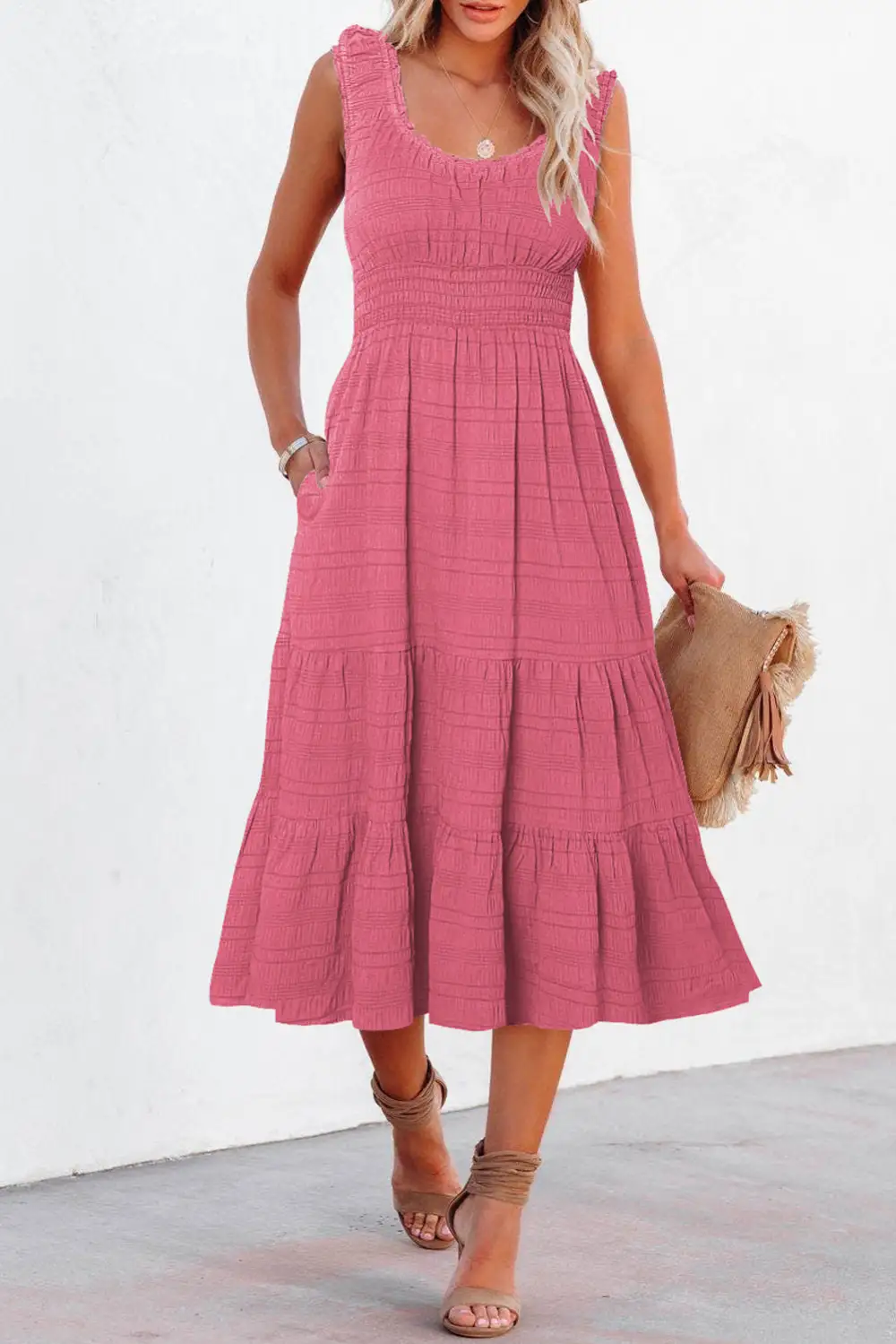 Square Neck Pleated Sleeveless Midi Dress