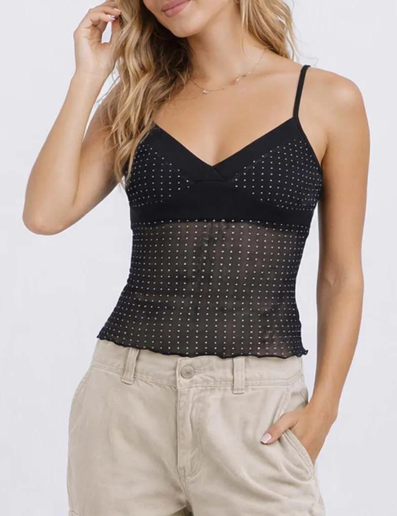 Rhinestone V Neck Sheer Mesh Cami Top