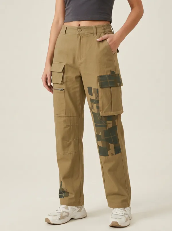 Women's Forest Green Streetwear Grid Pattern Cargo Pants