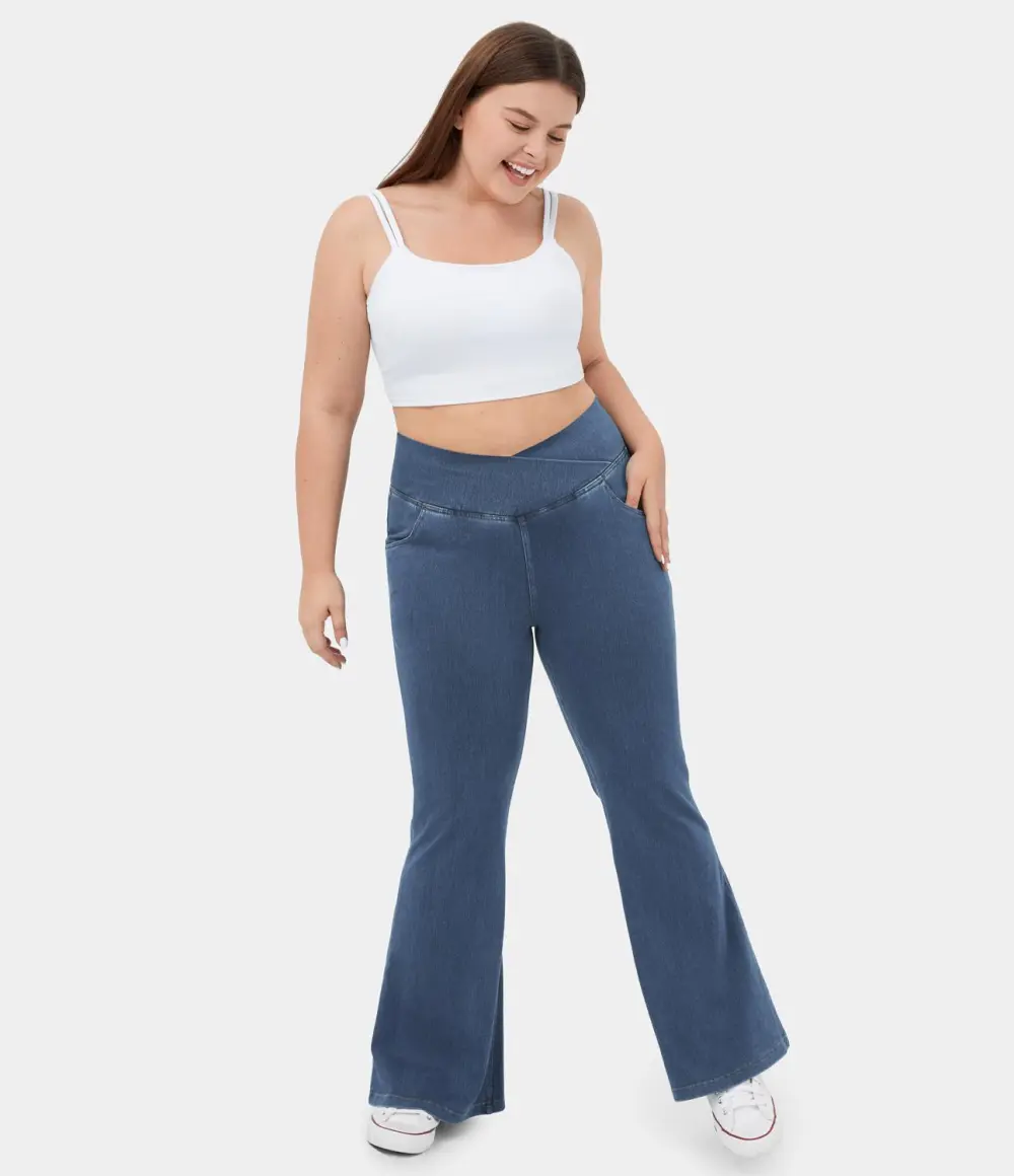 Magic High Waisted Crossover Pocket Cool Touch Breathable Washed Stretchy Knit Plus Size Casual Super Flare Jeans
