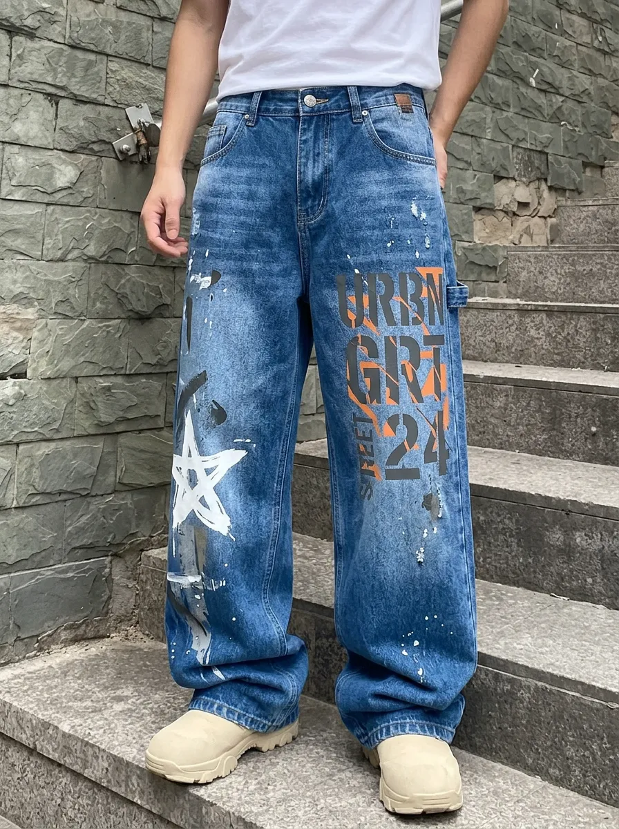Unisex Downtown-Inspired Streetwear Graffiti Star Jeans