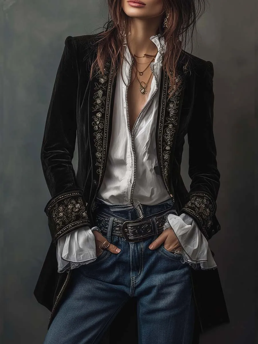 Open-Front Lapel-Collar Velvet Vintage-Inspired Tailored Jacket