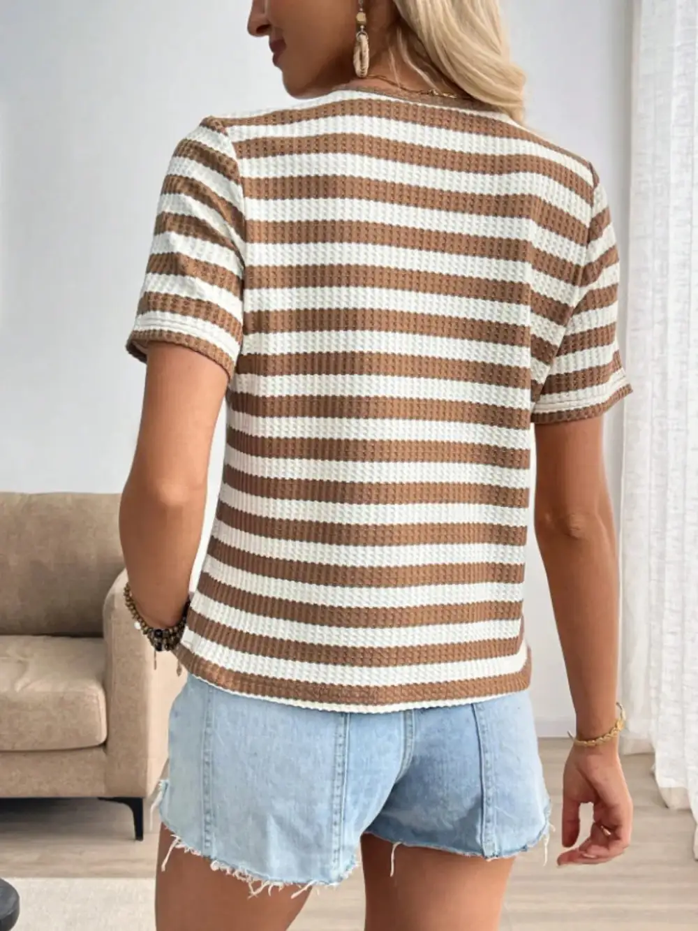 V-Neck Short-Sleeve Knit Striped T-Shirt