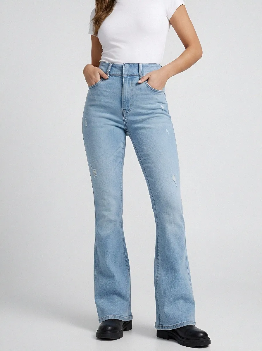 High-Waist Stretch Distressed Women's High-Waist Stretch Flare Jeans