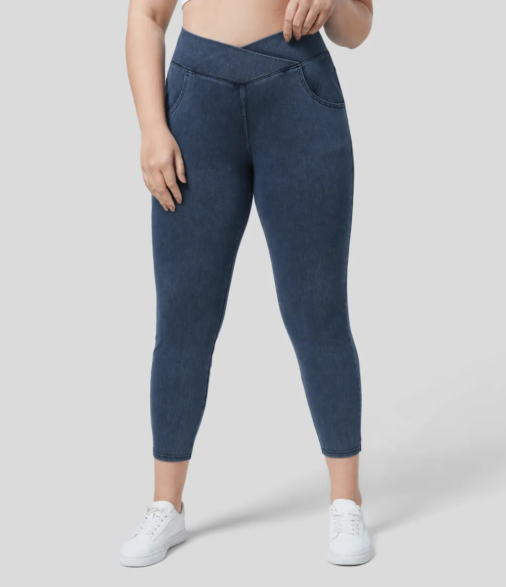 Magic High Waisted Crossover Multiple Pockets Stretchy Knit Denim 7/8 Plus Size Work Leggings